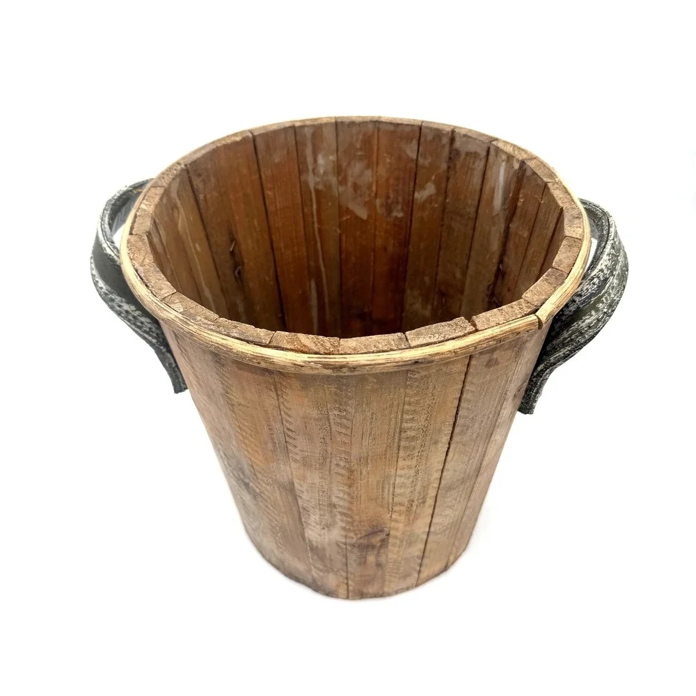 Vintage Primitive Wood Slatted Bucket 11in Brown Cottagecore Shabby Chic